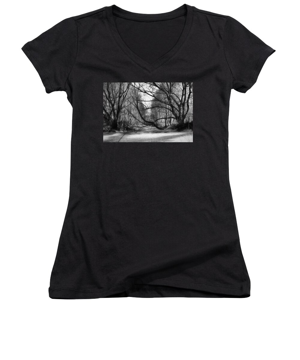 Black And White Women's V-Neck featuring the photograph 9 Black and white artistic painterly icy entrance blocked by braches by Leif Sohlman