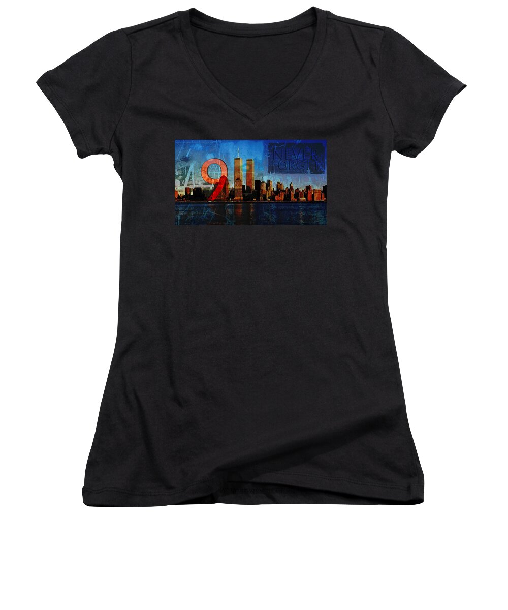9-11 Women's V-Neck featuring the photograph 911 Never Forget by Anita Burgermeister