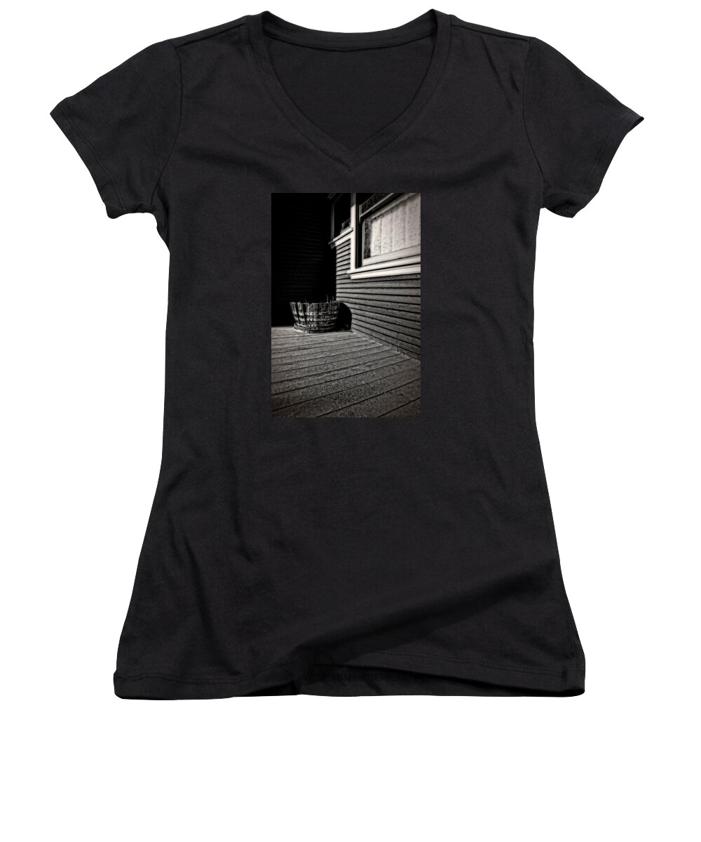 Monochrome Women's V-Neck featuring the photograph Over A Barrel by Mark Alder