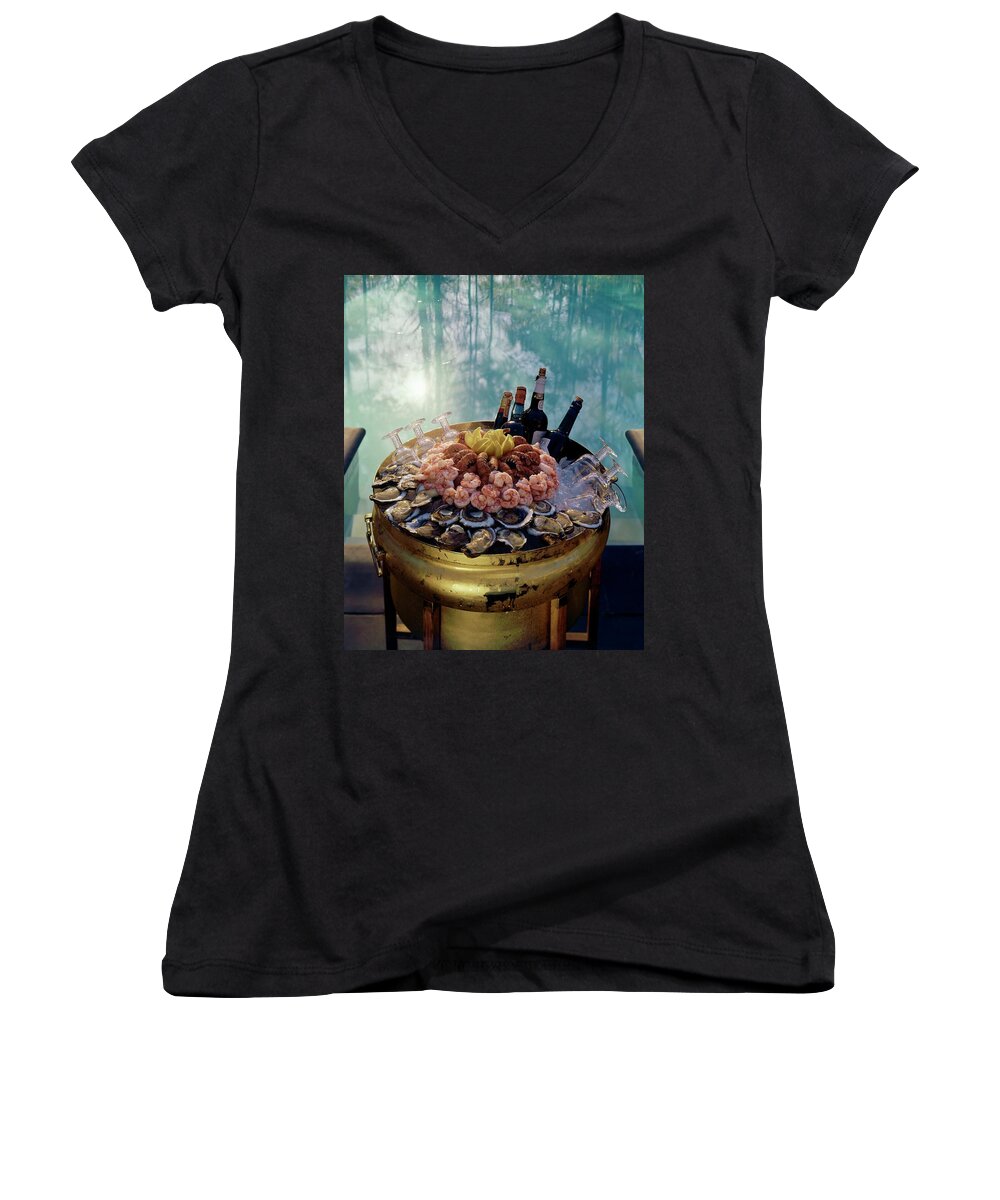 Nobody Women's V-Neck featuring the photograph A Bucket Of Shrimp by Ernst Beadle