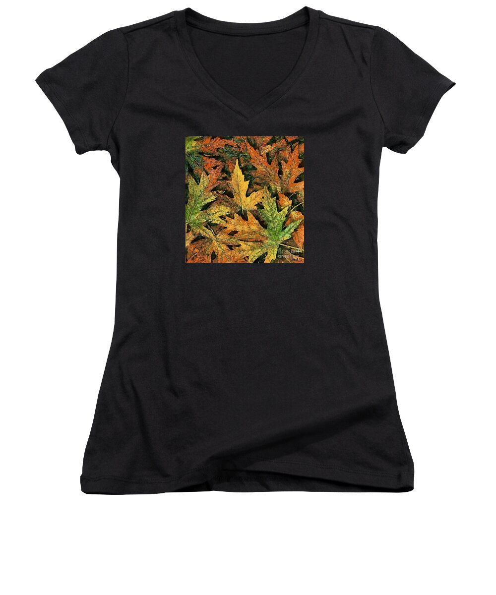 Autumn Women's V-Neck featuring the painting A Carpet of Falling Leaves by Dragica Micki Fortuna