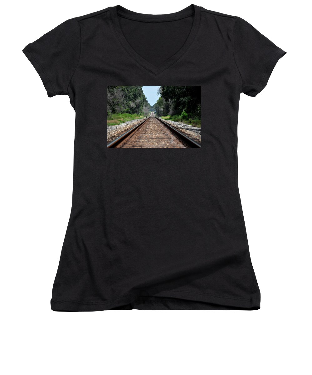 Train Track Prints Women's V-Neck featuring the photograph A Long Way Home by John Black