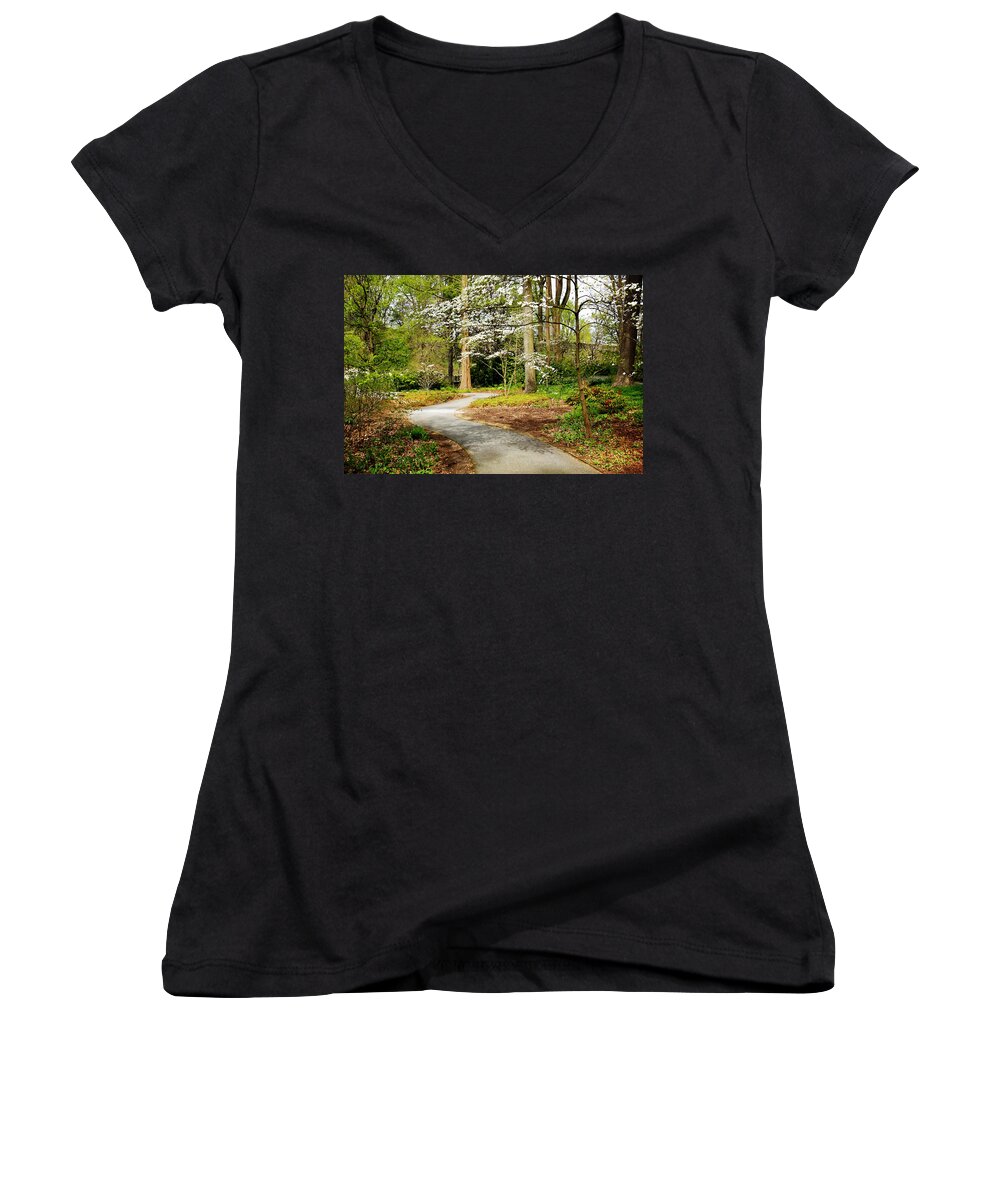 Gardens Women's V-Neck featuring the digital art A Walk to Remember by Trina Ansel