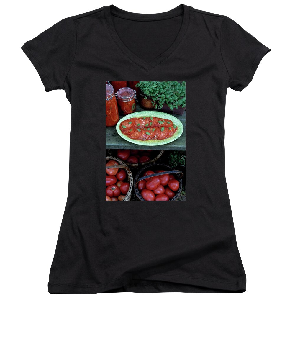 Food Women's V-Neck featuring the photograph A Wine & Food Cover Of Tomatoes by Susan Wood