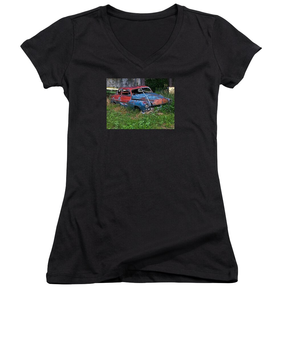 1950's Automobile Women's V-Neck featuring the photograph Abandoned 1950 Mercury Monteray Buick by Ginger Wakem