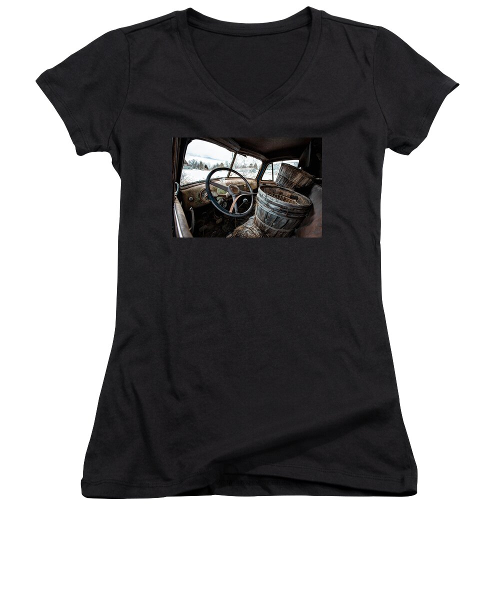 Chevrolet Women's V-Neck featuring the photograph Abandoned Chevrolet Truck - Inside Out by Gary Heller