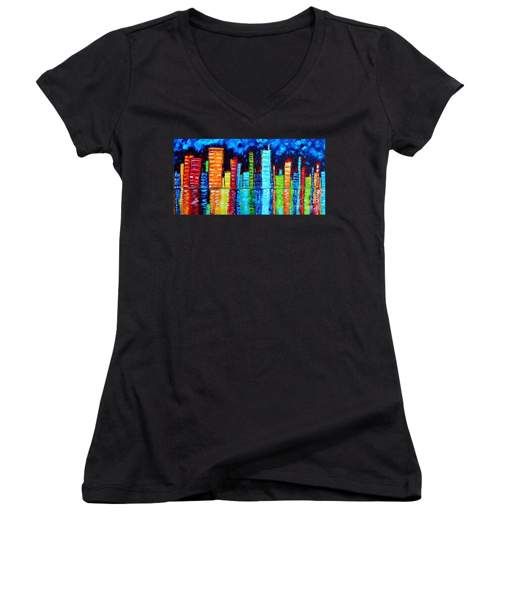 Abstract Women's V-Neck featuring the painting Abstract Art Landscape City Cityscape Textured Painting CITY NIGHTS II by MADART by Megan Aroon