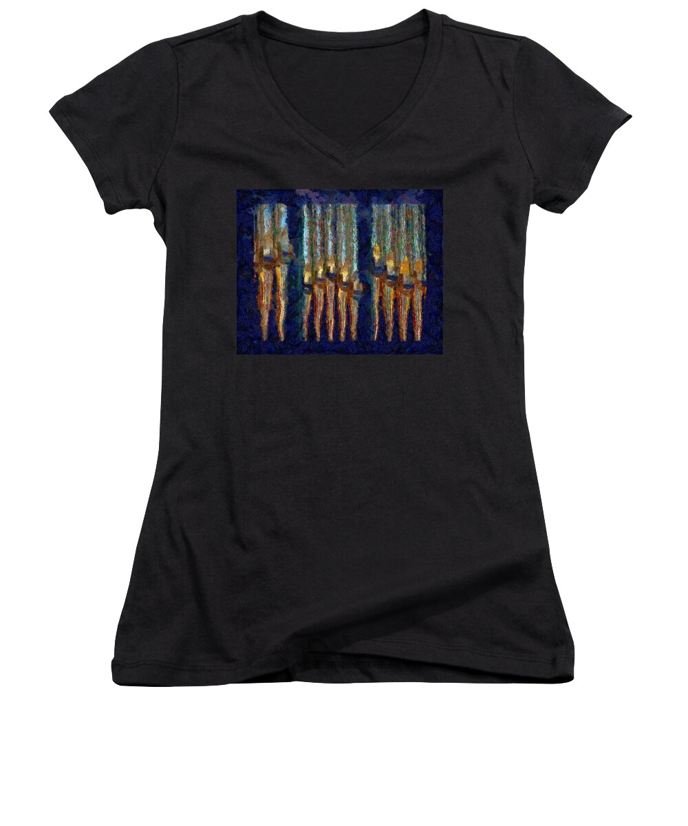 Organ Women's V-Neck featuring the photograph Abstract blue and gold organ pipes by Jenny Setchell