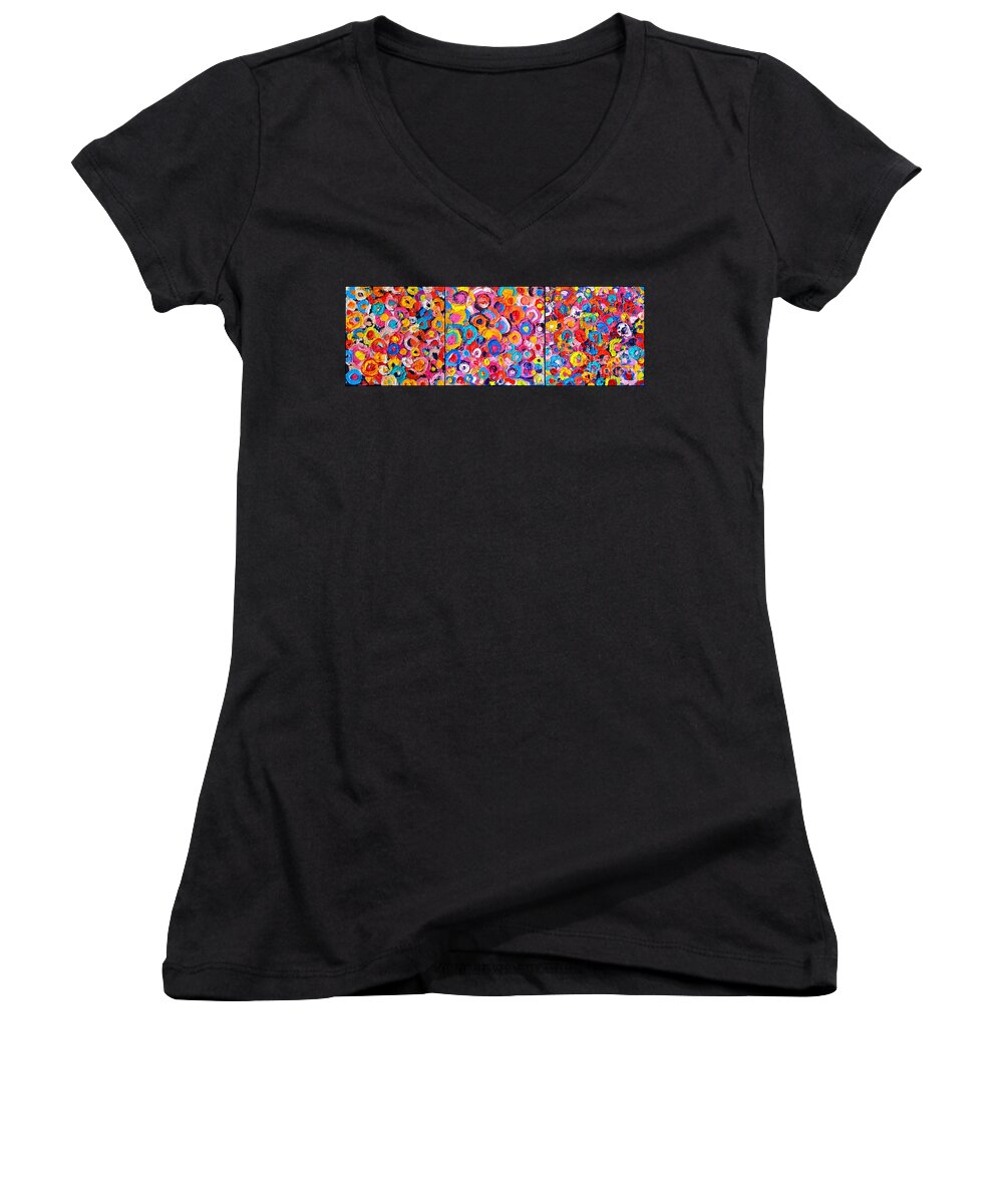 Abstract Women's V-Neck featuring the painting Abstract Colorful Flowers Triptych by Ana Maria Edulescu