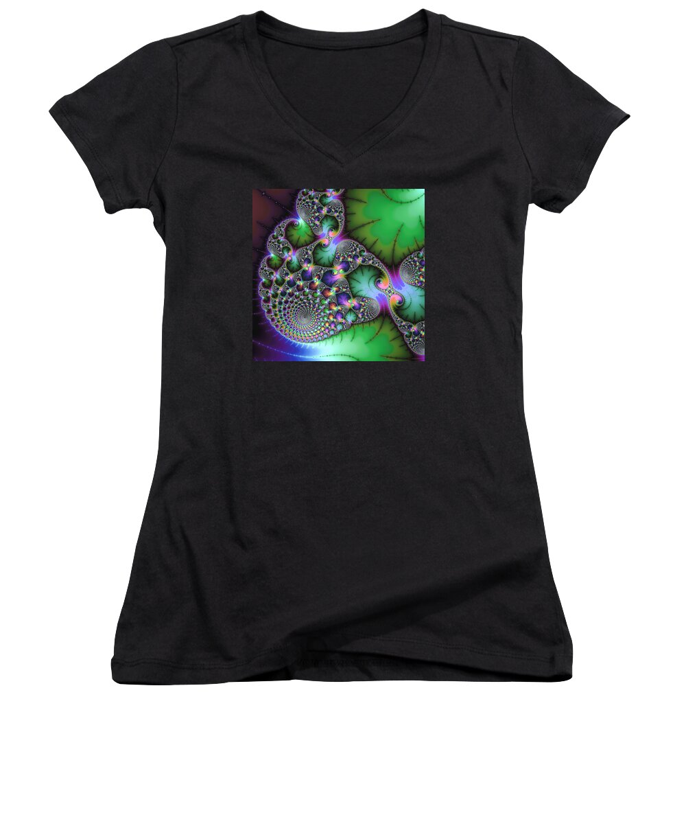 Fractal Women's V-Neck featuring the digital art Abstract fractal art green purple jewel colors square format by Matthias Hauser