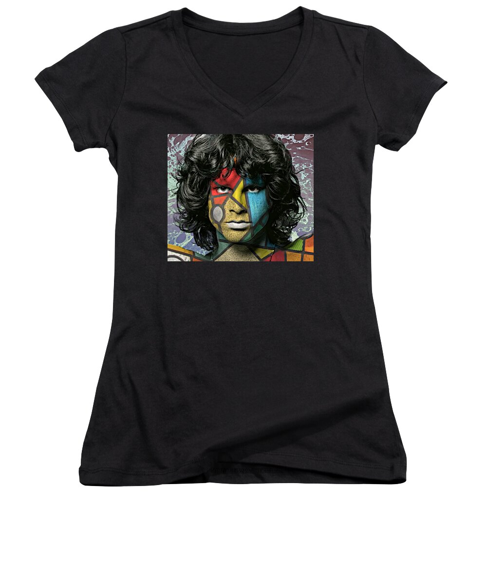 Jim Morrison Women's V-Neck featuring the painting Abstract Jim Morrison by Ally White