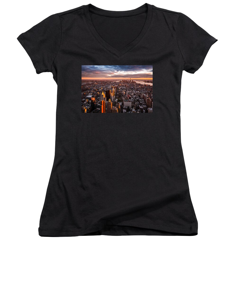 5th Avenue Women's V-Neck featuring the photograph Aerial view of the Manhattan skyline at sunset by Mihai Andritoiu