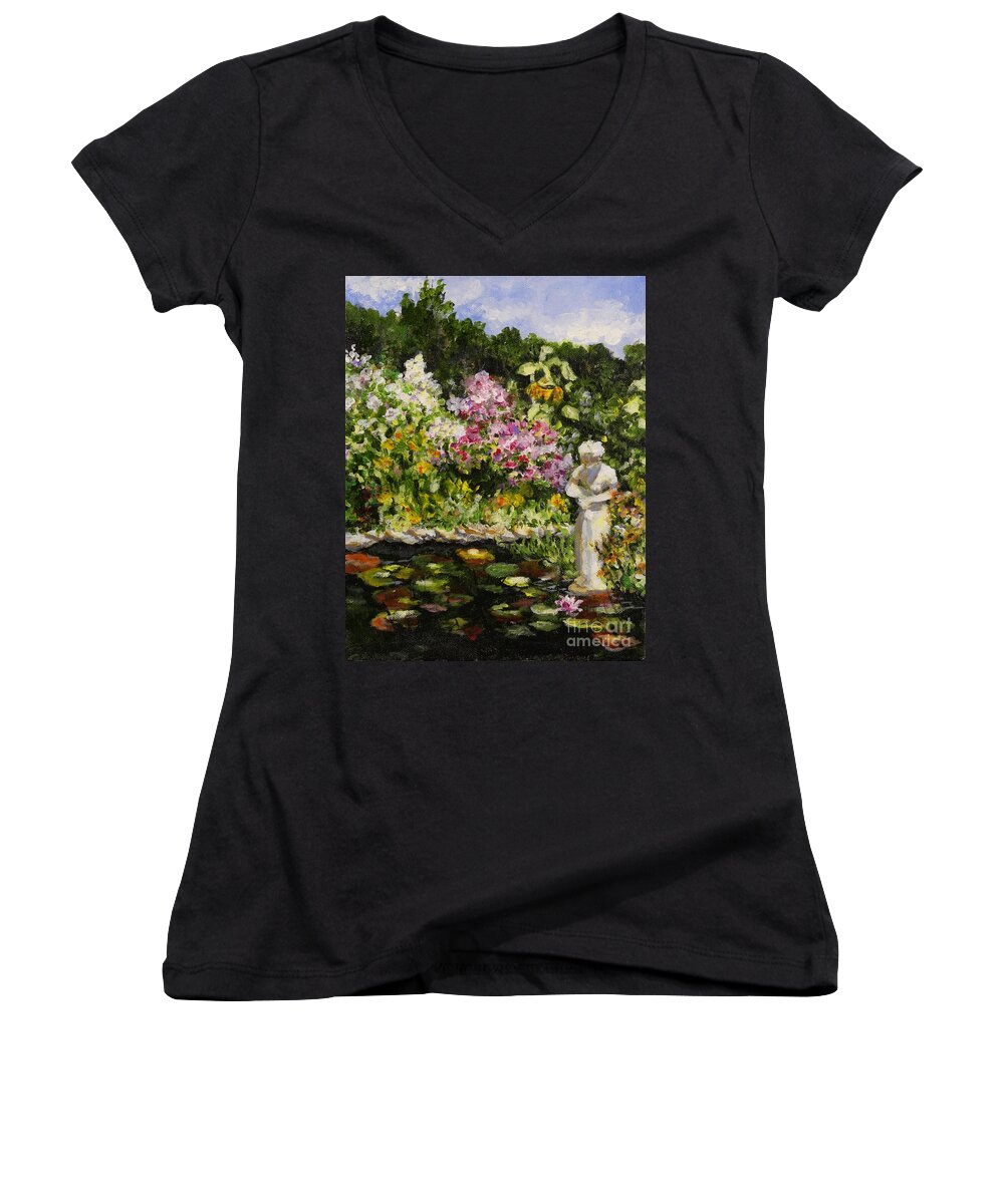 Gardens Women's V-Neck featuring the painting Alisons Water Garden by Alison Caltrider