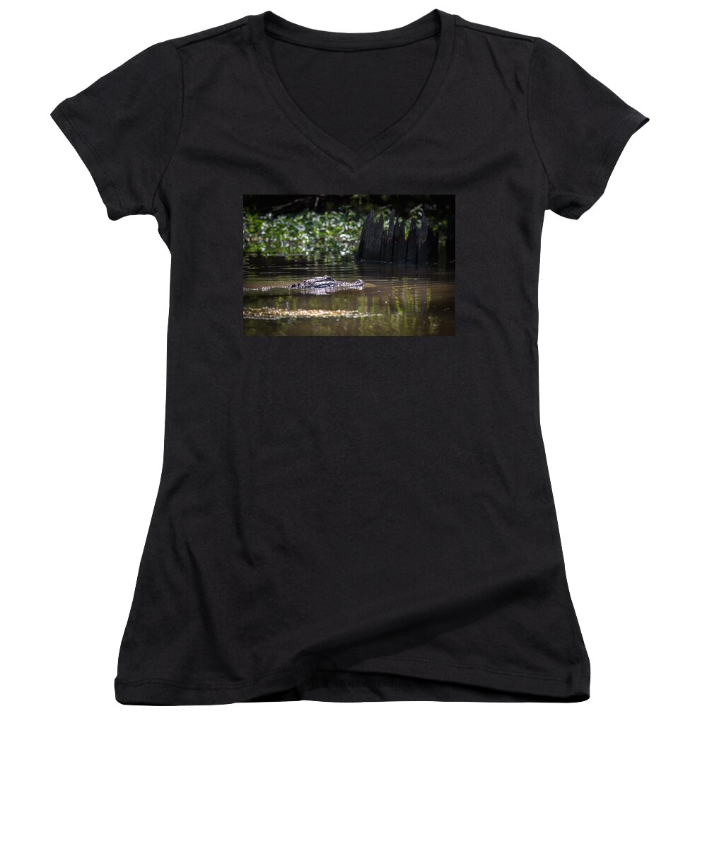 Alligator Women's V-Neck featuring the photograph Alligator Swimming in Bayou 2 by Gregory Daley MPSA
