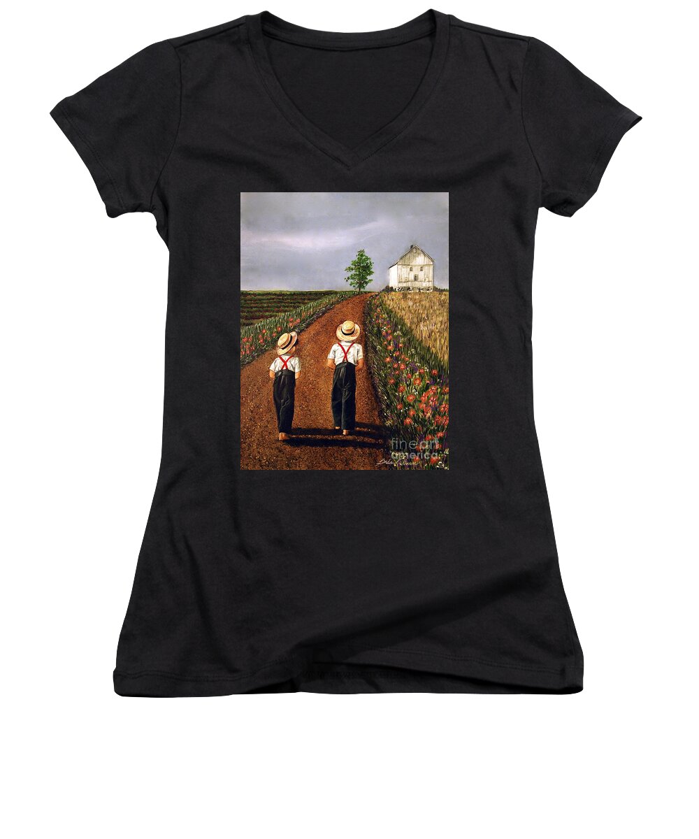Lifestyle Women's V-Neck featuring the painting Amish Road by Linda Simon