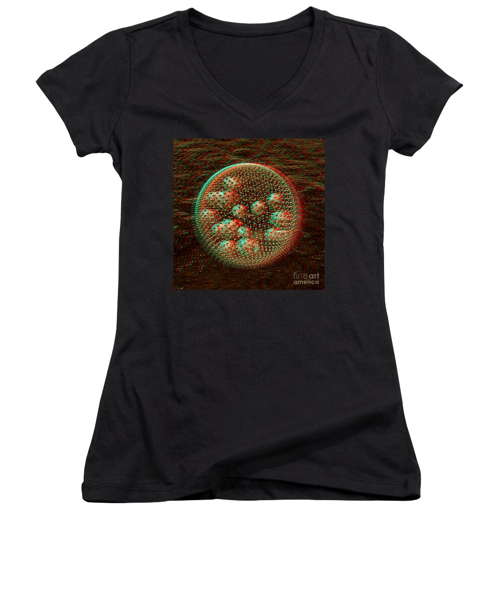 3d Women's V-Neck featuring the digital art Anaglyph of Volvox a spherical colonial green alga by Russell Kightley