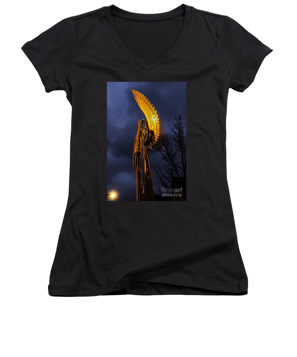 Angel Of Bargoed Women's V-Neck featuring the photograph Angel Of The Morning by Steve Purnell