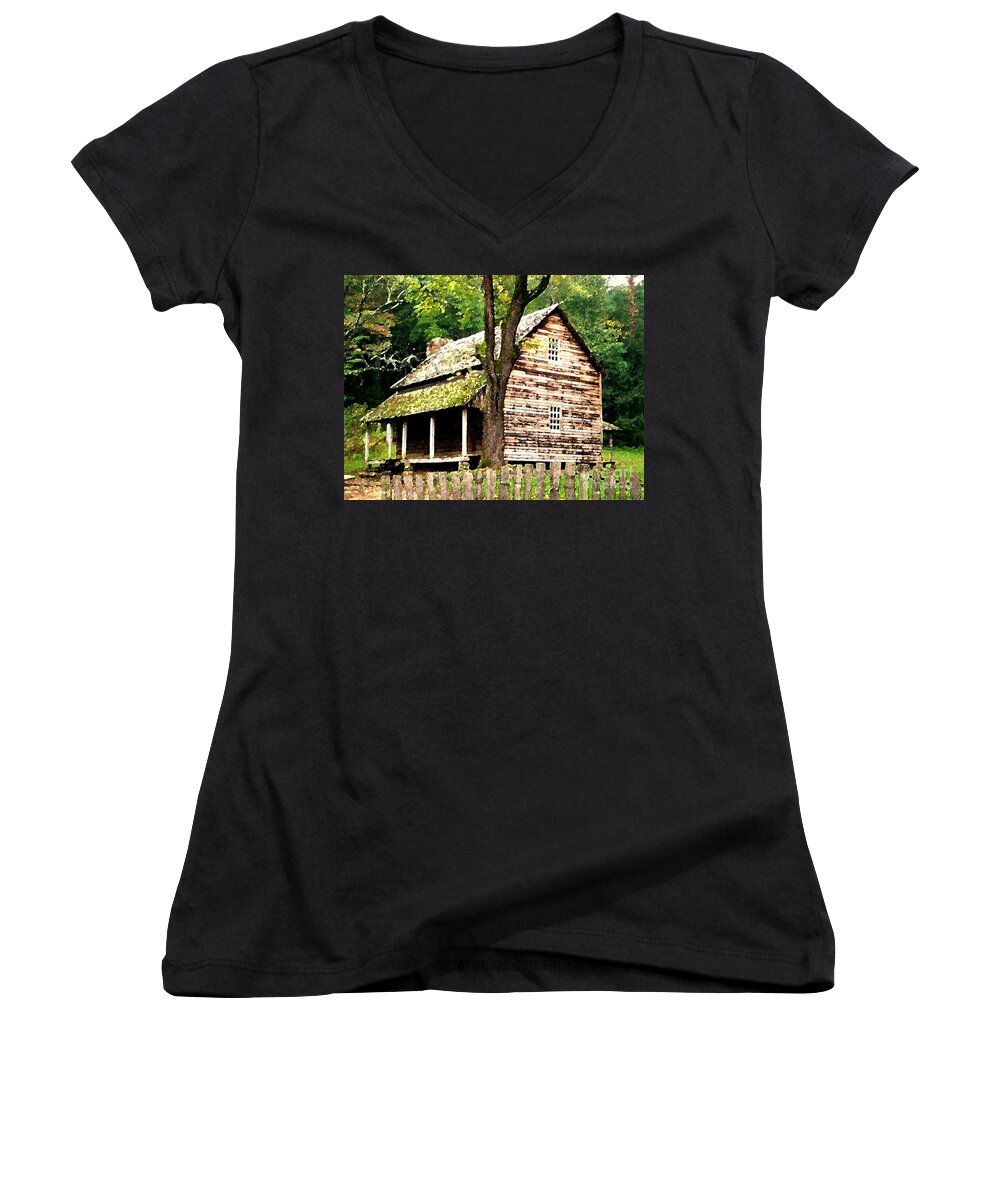 Appalachian Women's V-Neck featuring the painting Appalachian Cabin by Desiree Paquette