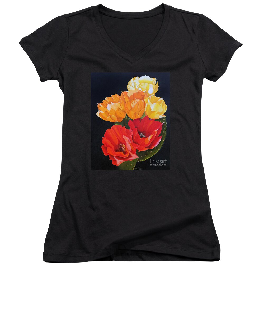 Still Life Women's V-Neck featuring the painting Arizona Blossoms - Prickly Pear by Debbie Hart