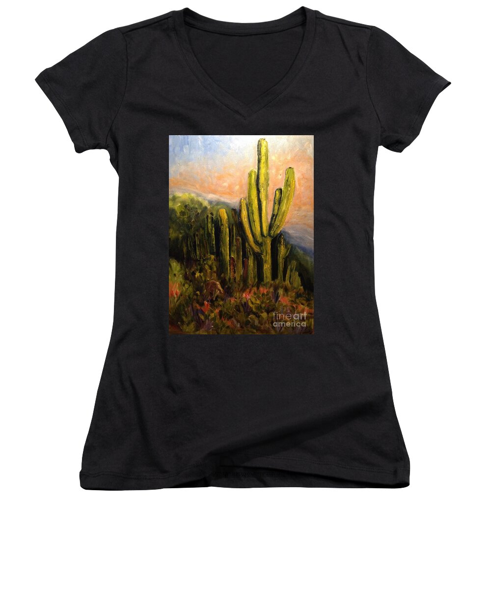 Landscape Women's V-Neck featuring the painting Arizona Desert Blooms by Sherry Harradence