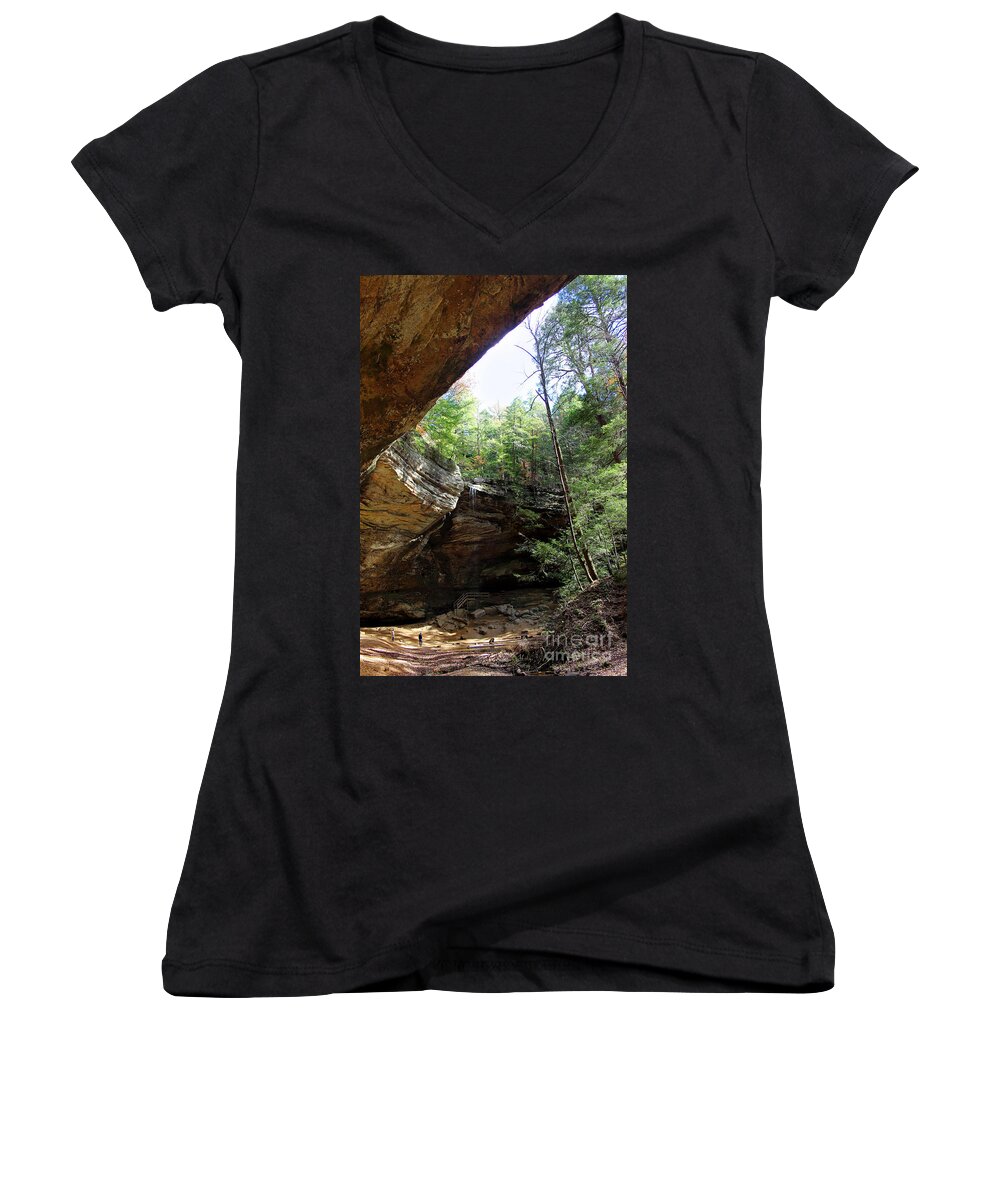 Cave Women's V-Neck featuring the photograph Ash Cave of the Hocking Hills by Karen Adams