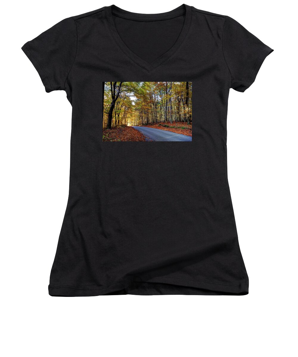 Autumn Women's V-Neck featuring the photograph Autumn forest road by Ivan Slosar