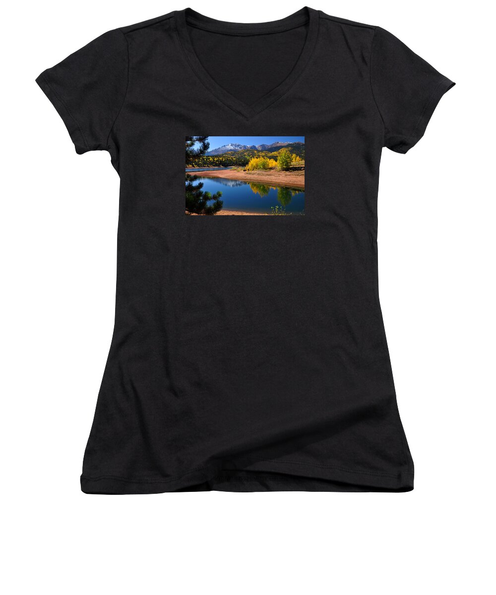 Colorado Springs Women's V-Neck featuring the photograph Autumn Reflections at Crystal by John Hoffman