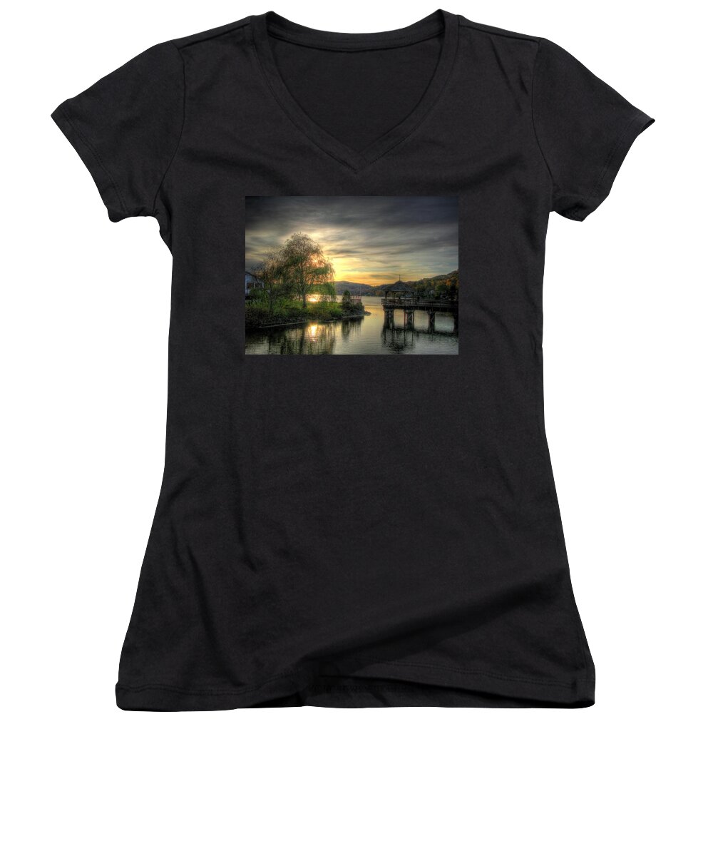 Photography Autumn Nature Sunset Landscape Water Serene Serenity Tranquil Tranquillity Relaxing Relaxation Outdoors Trees Pier Bridge Sun Reflection Sky Clouds North Hatley Quebec Canada Lake Massawippi Women's V-Neck featuring the photograph Autumn Sunset by Nicola Nobile