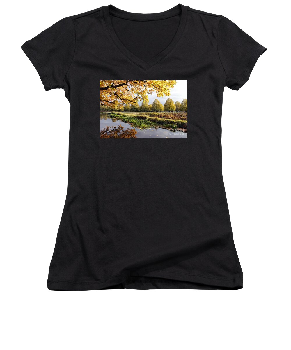 Autumn Trees Fall Autumnal Park Landscape Countryside English British Oak Golden River England Women's V-Neck featuring the photograph Autumn Trees by Julia Gavin