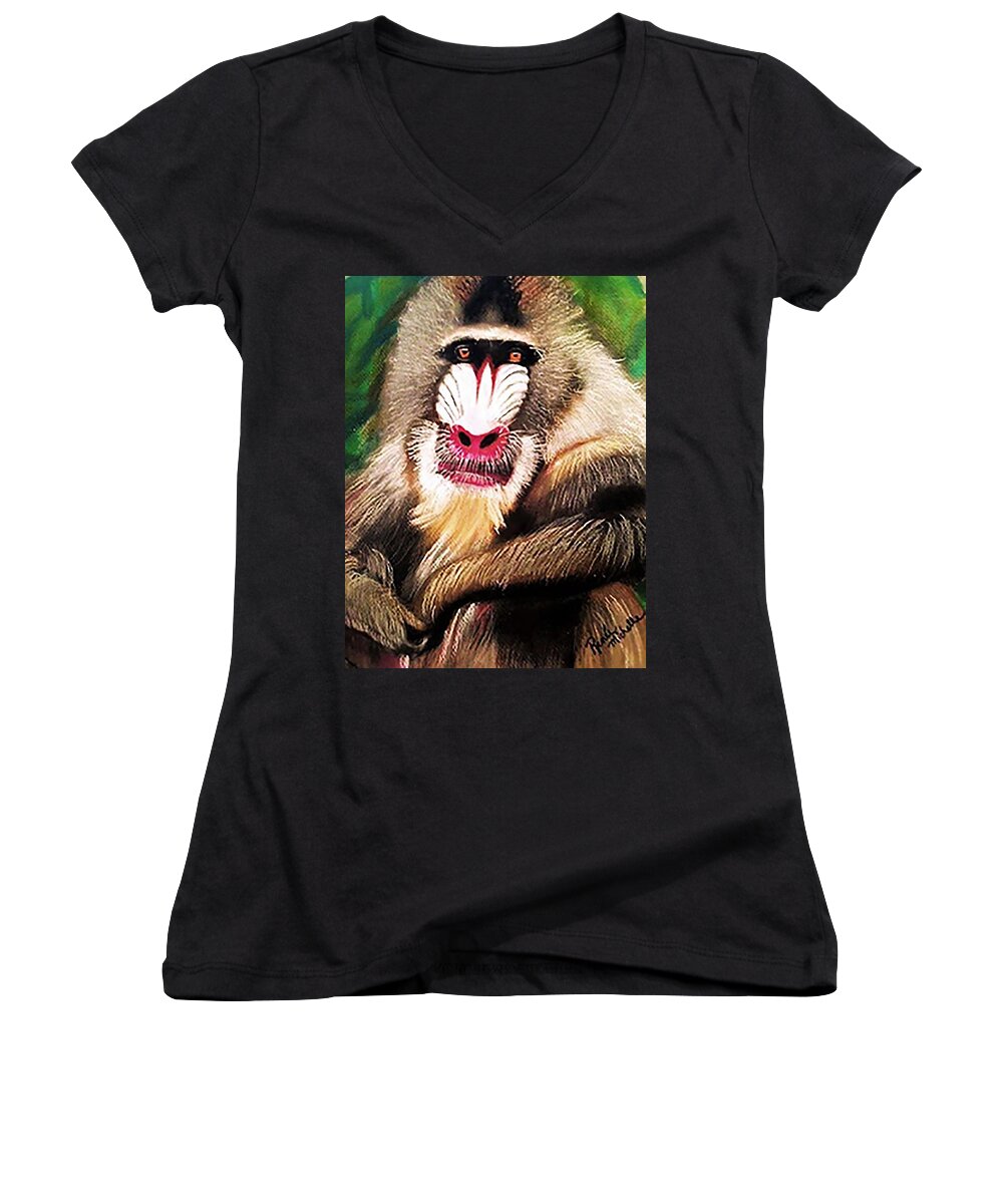 Mandarin Baboon Women's V-Neck featuring the pastel Baboon Stare by Renee Michelle Wenker