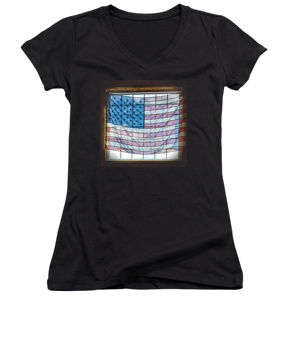 American Flag Women's V-Neck featuring the photograph Backlit American Flag by Photographic Arts And Design Studio