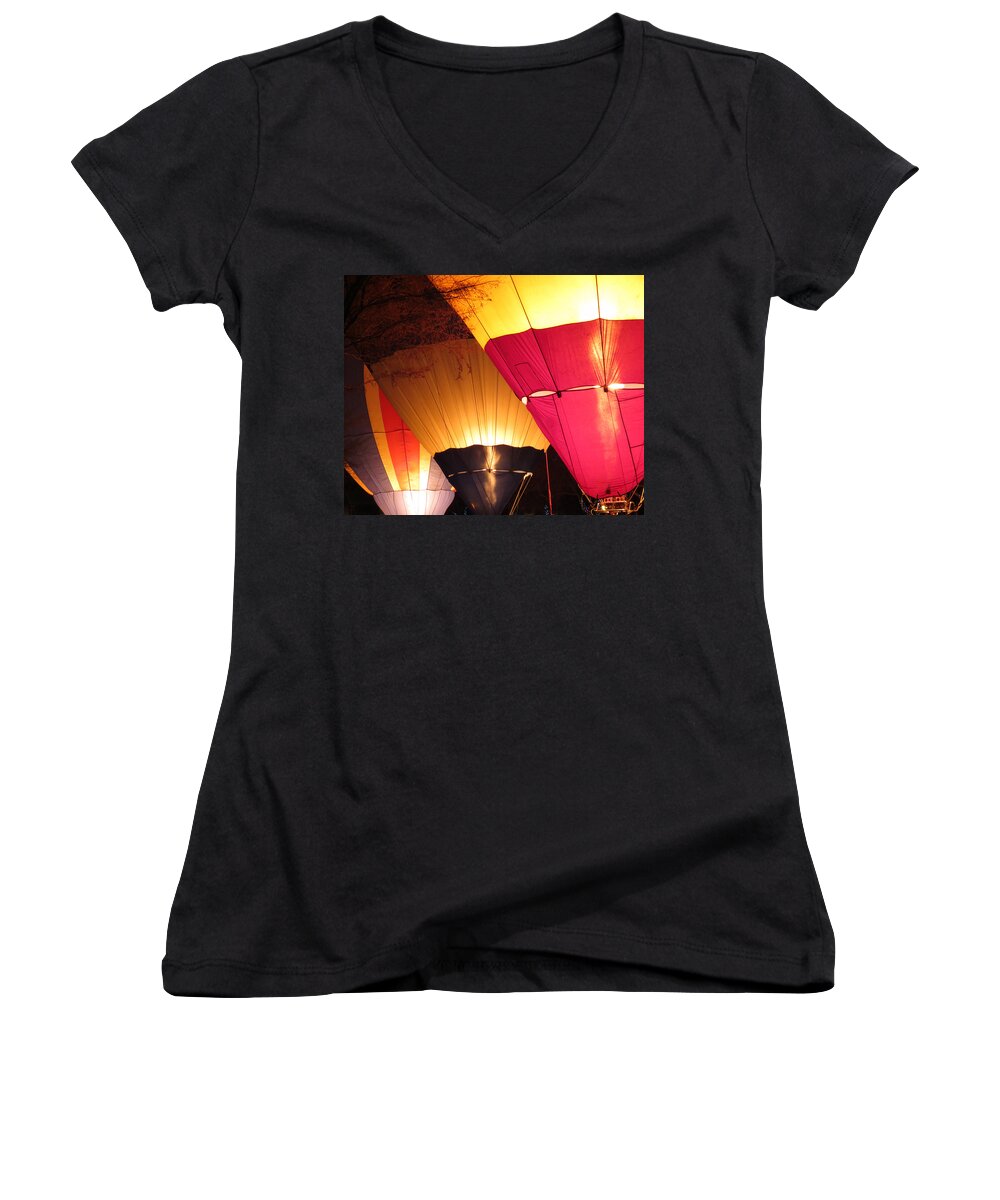 Flying Women's V-Neck featuring the photograph Balloons at Night by Laurel Powell