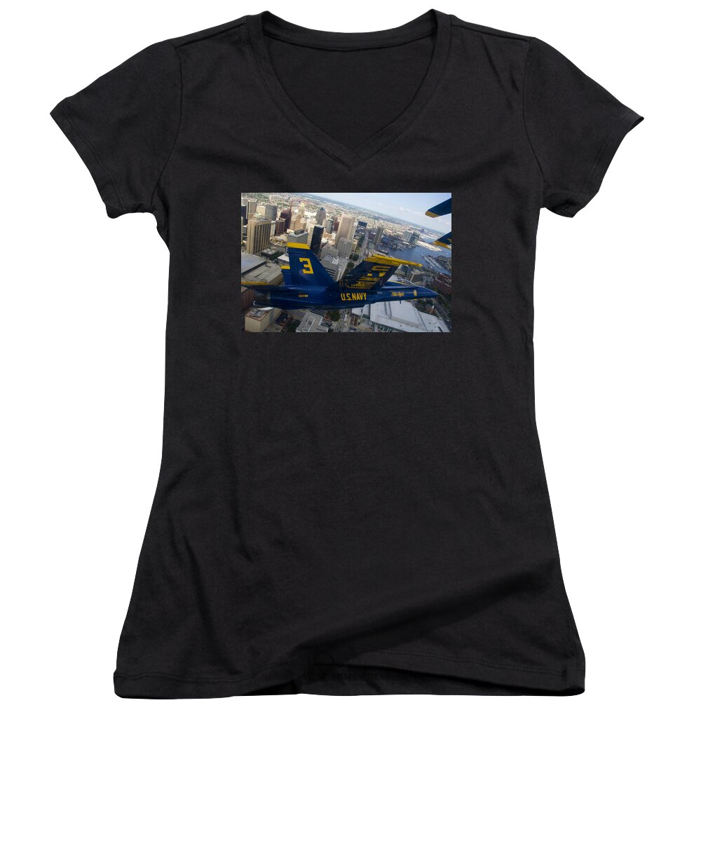Blue Women's V-Neck featuring the photograph Banking Above Baltimore by Ricky Barnard