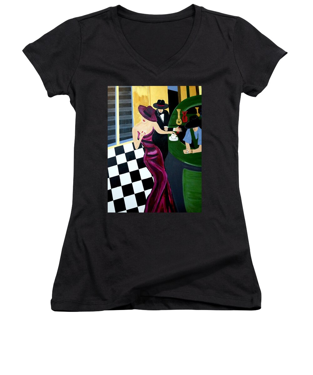 Bar Scene Women's V-Neck featuring the painting Bar Scene Lets Have A Drink by Nora Shepley