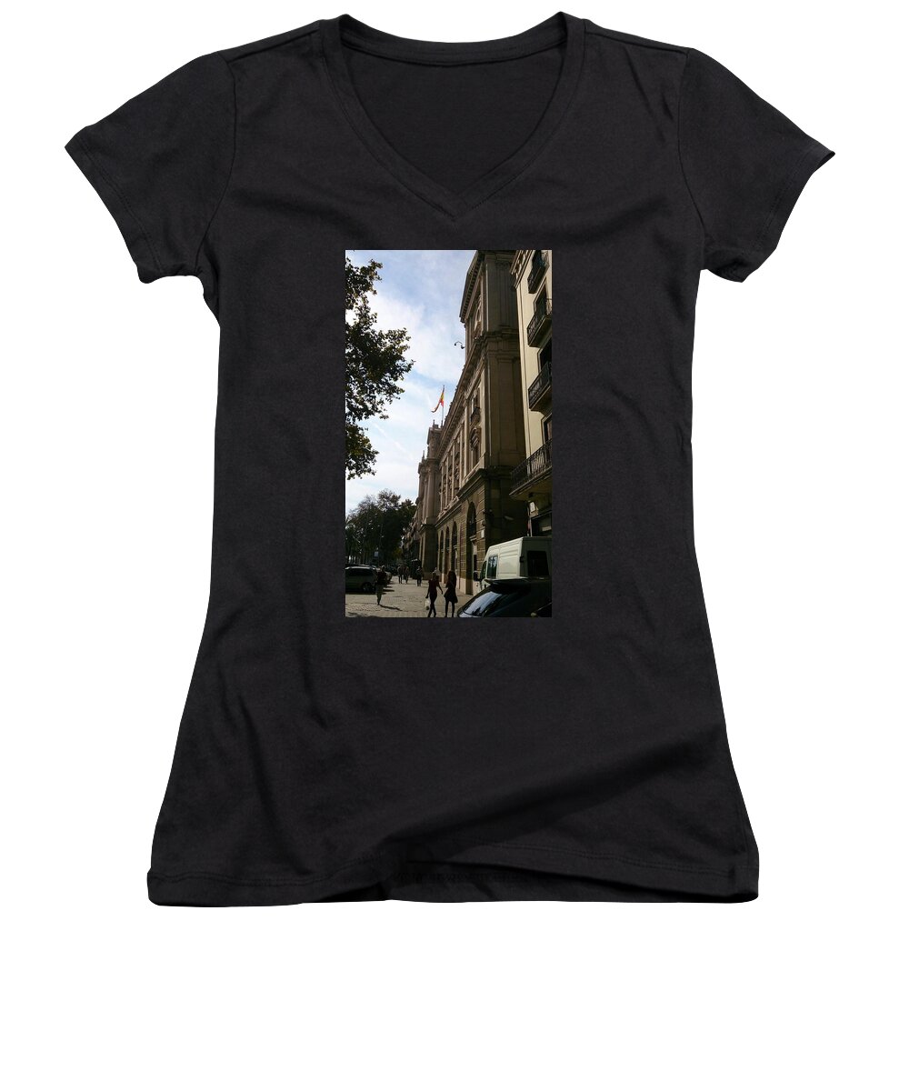 Barcelona Women's V-Neck featuring the photograph Barcelona street by Moshe Harboun