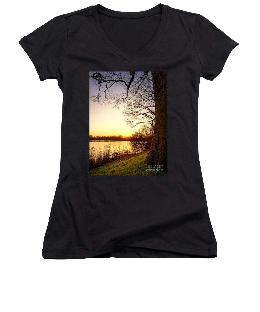 Sunset Women's V-Neck featuring the photograph Beautiful Lake by Daniel Heine