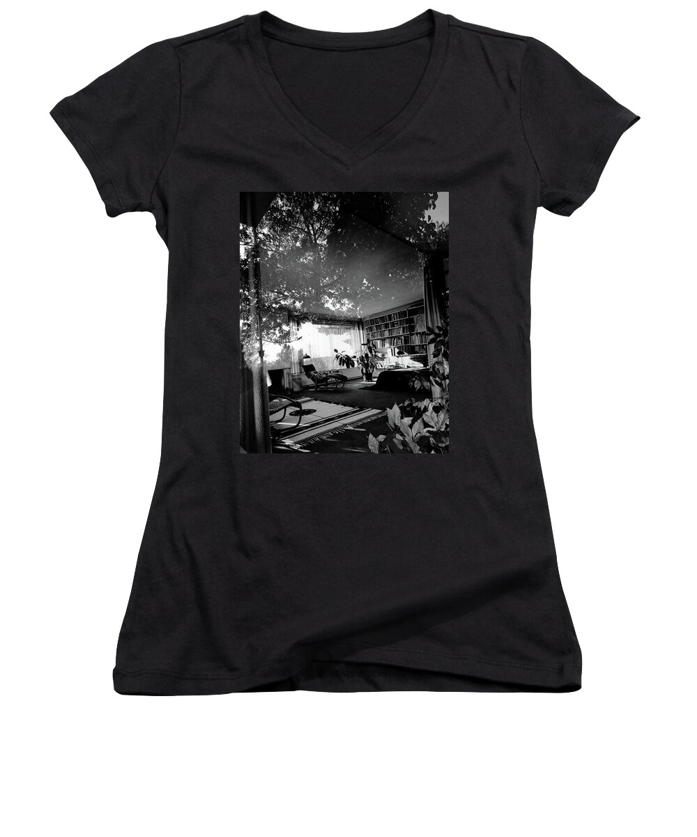 Home Women's V-Neck featuring the photograph Bedroom Seen Through Glass From The Outside by Robert M. Damora