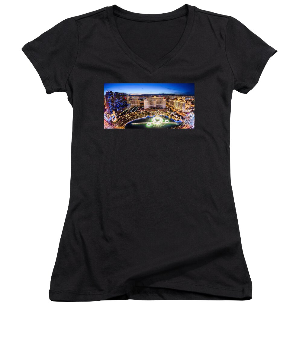 Bellagio Women's V-Neck featuring the photograph Bellagio Rountains From Eiffel Tower at Dusk by Aloha Art