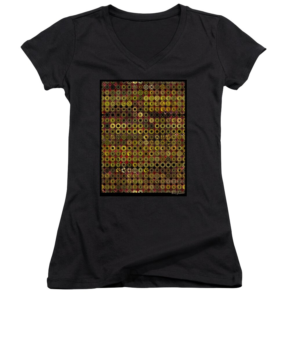 Gold Women's V-Neck featuring the digital art Biding Time in the Gold Flocked Basement Twixt Death and Funeral by Ann Stretton