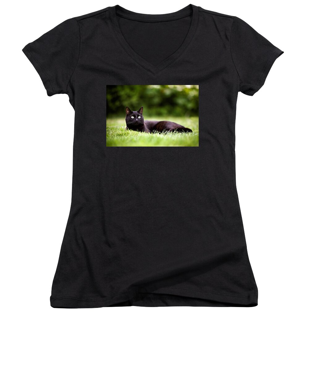 Cat Women's V-Neck featuring the photograph Black Cat Lying in Garden by Ian Good