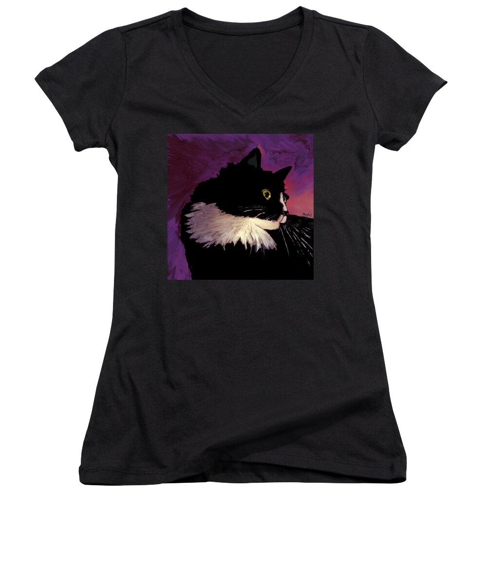 Cat Women's V-Neck featuring the painting Black Cat on Purple by Dale Moses