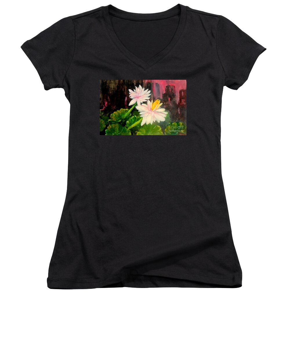 Home Yard Women's V-Neck featuring the painting Blooming at Night by Jason Sentuf