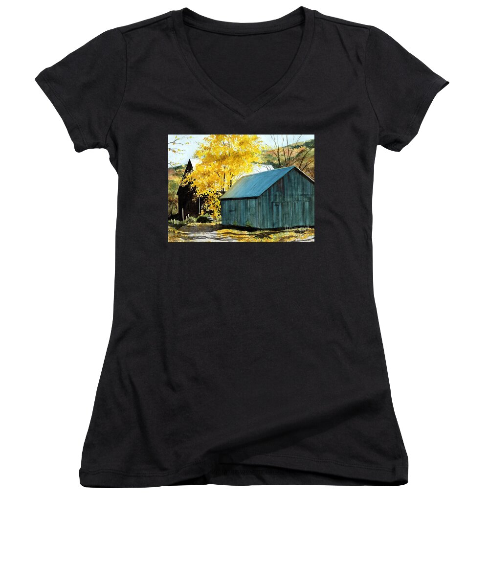 Blue Barn Women's V-Neck featuring the painting Blue Barn by Barbara Jewell