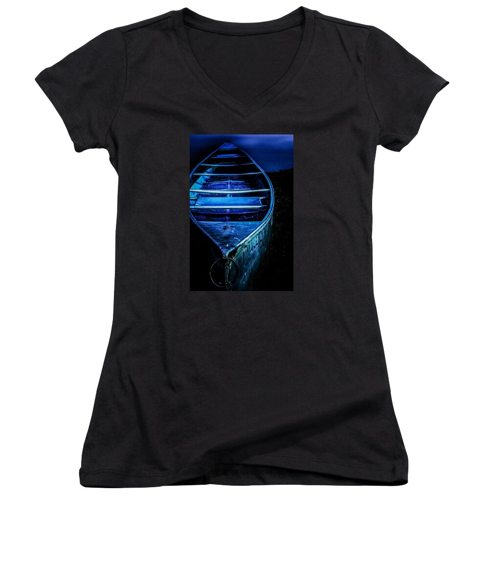 Canoe Women's V-Neck featuring the photograph Blue Canoe by Michael Arend