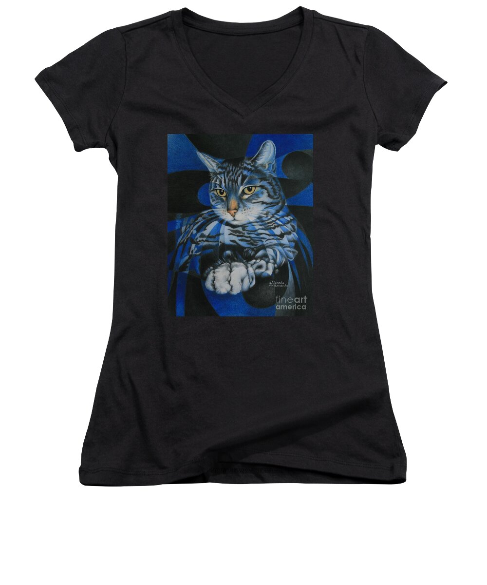 Cat Women's V-Neck featuring the painting Blue Feline Geometry by Pamela Clements