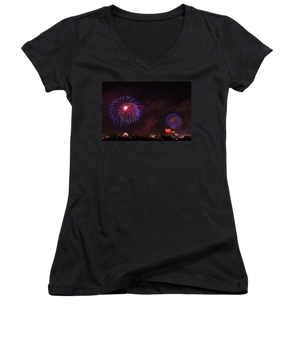 Fireworks Women's V-Neck featuring the photograph Blue Fireworks over Domino Sugar by Bill Swartwout