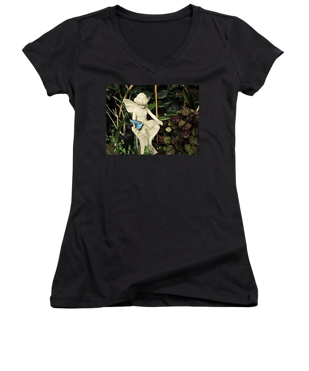 Blue Morpho Butterfly Women's V-Neck featuring the photograph Blue Morpho on Statue by MTBobbins Photography