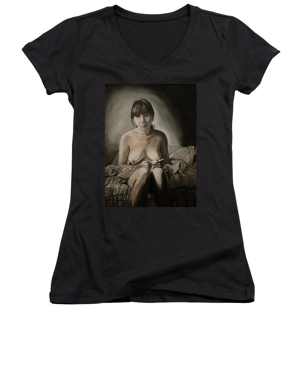 Portrait Women's V-Neck featuring the painting Blue by Thu Nguyen