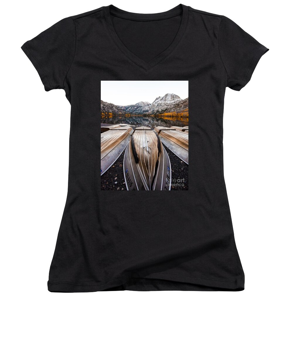 Autumn Lake Boats Women's V-Neck featuring the photograph Boats at Mountain Lake in Autumn Fine Art Photograph Print by Jerry Cowart