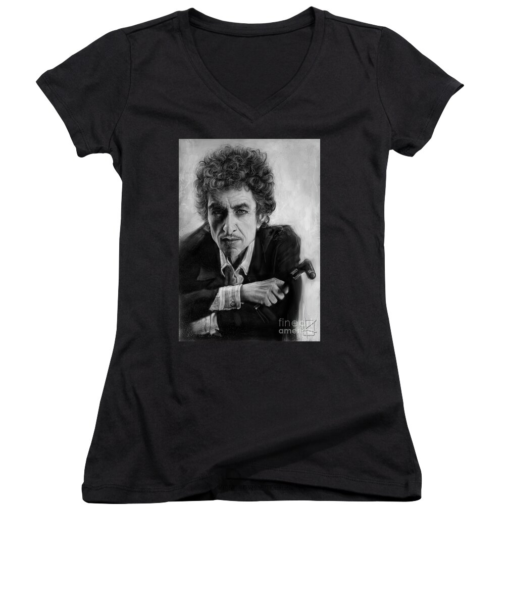 Bob Dylan Women's V-Neck featuring the digital art Bob Dylan by Andre Koekemoer